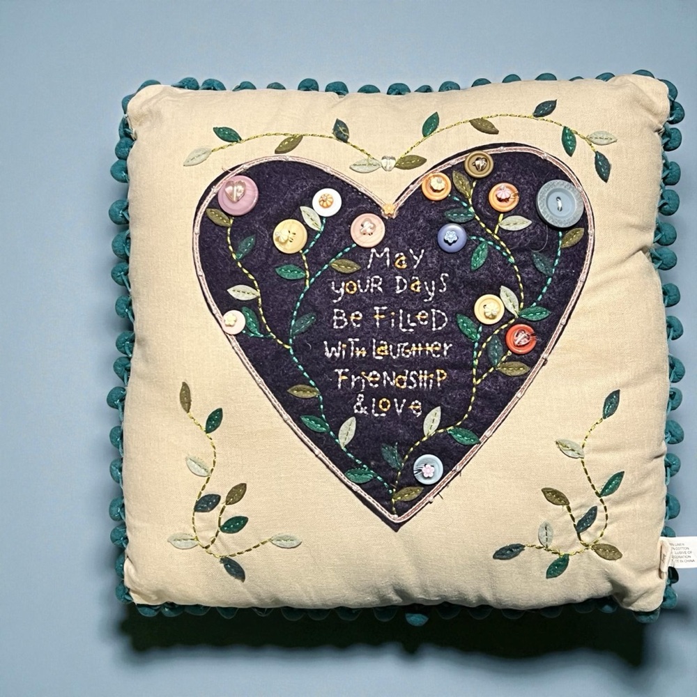 Natural Life Throw Pillow Laughter Friendship Love Embroidered Felt Applique